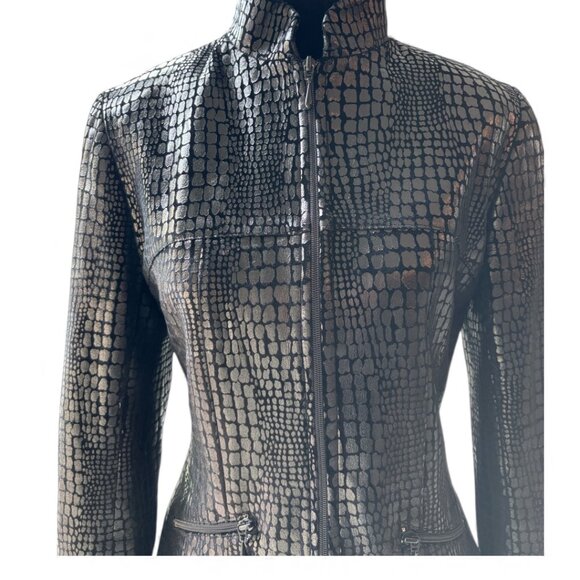 Vintage Lori Zoni 100% Silk Croc Embossed Zip Front Fitted Jacket Small - Picture 6 of 16